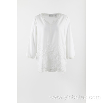 White chiffon embroidery 3/4 sleeve blouse